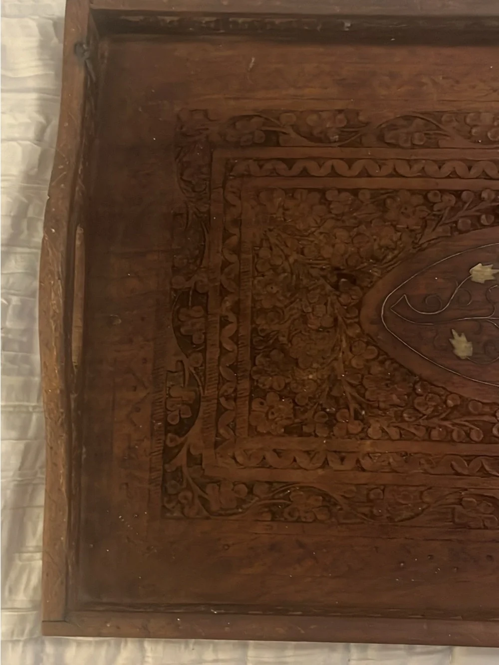 Carved Wooden Vanity Tray in Brown with Inlaid Leaf Motif